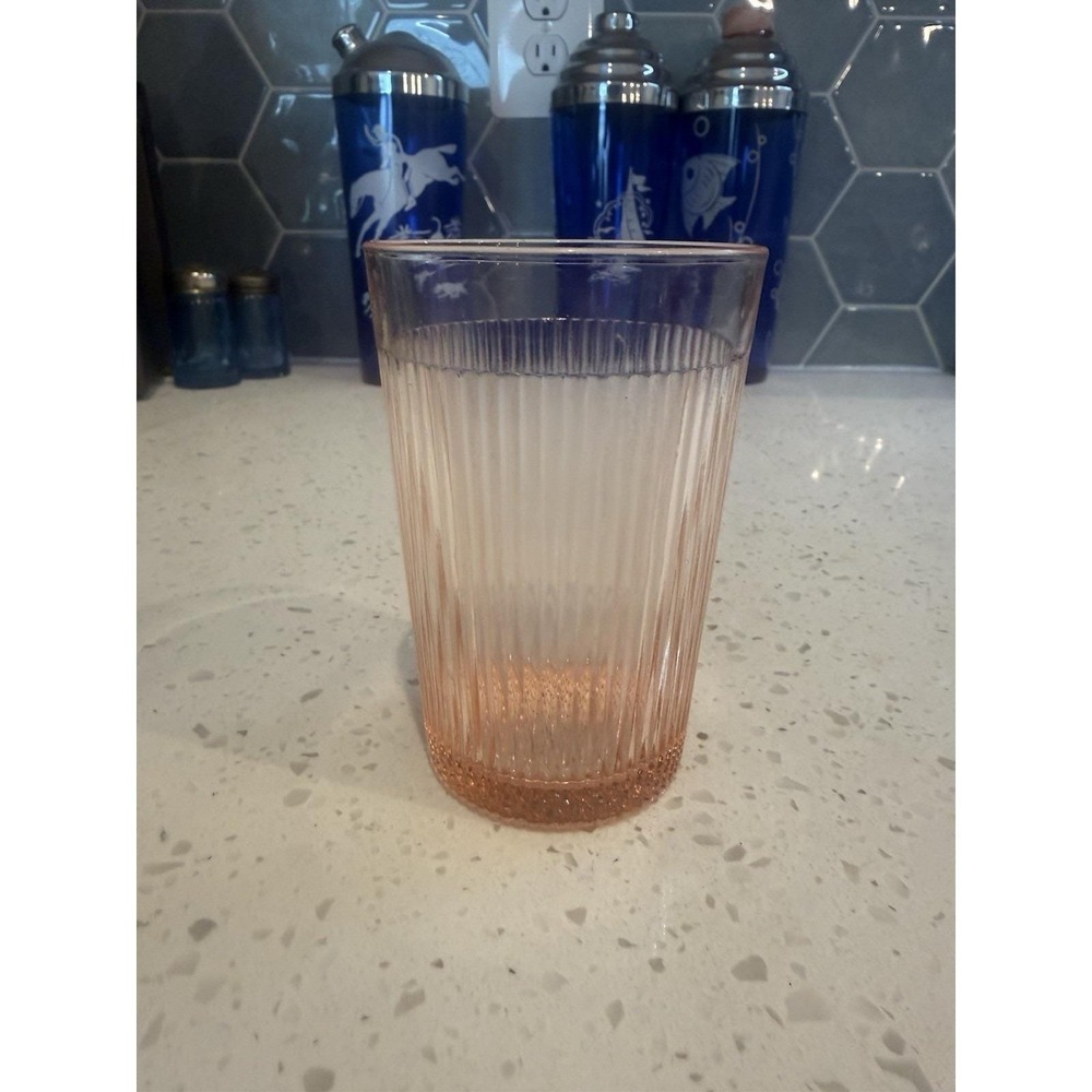 Jeannette Glass Homespun Fine Rib Pink 4 1/4" Banded Tumbler Depression Glass